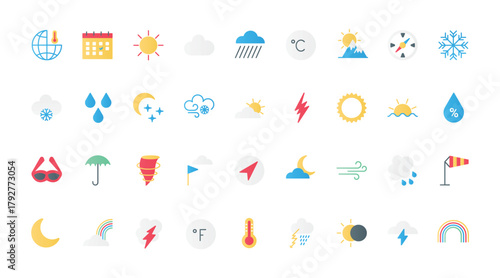 Weather flat icons set vector illustration. Meteorology forecast info symbols, rain and wind, sun with cloud and lightning, cold and hot temperature on thermometer and air humidity.