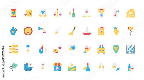 Wine flat icons set vector illustration. Storage and tasting of grape wine, winery and cellar barrel, wineglass and bottle of alcohol, bar and restaurant menu to taste drink, test smell.