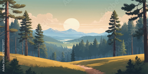 Forest landscape with layered elevation, sunlight on grassland, and distant mountain formations, suitable for eco-branding and nature illustration sets.