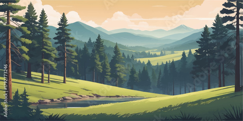 Sunlit forest clearing with a panoramic mountain view and flowing river, suitable for tourism visuals, outdoor branding, and scenic background applications.