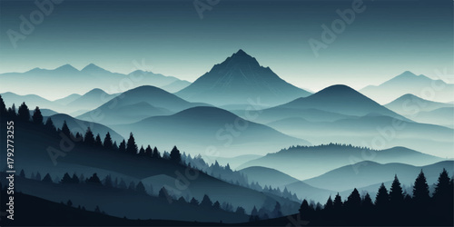 Cool gradient mountain artwork with natural ridge layers, forest shadows, and cloud textures, perfect for outdoor-themed advertisement and digital scenery projects.