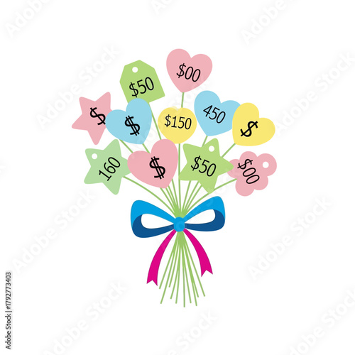 Single Vector Icons of Bouquet of Price Tags with Dollar Signs and Hearts. EPS Editable