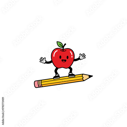 Cartoon Apple Riding Pencil Education Fun T-Shirt