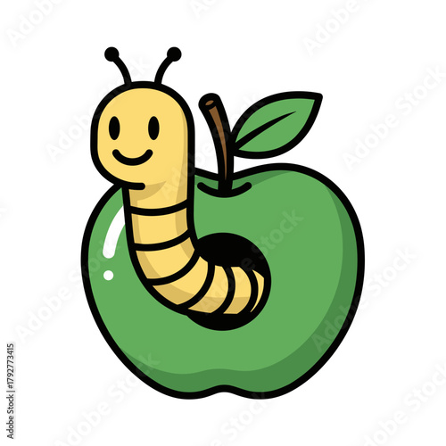 Happy Worm In Green Apple Fruit Cartoon T-Shirt