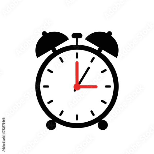 Single Vector Icons of Classic Alarm Clock With Red Hands Showing Time. EPS Editable