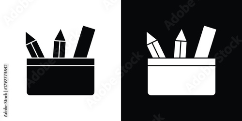 Pencil box icon flat design. Modern style in black color.
