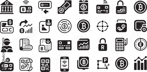 Fintech Digital Payment and Mobile Banking Icon Set Vector