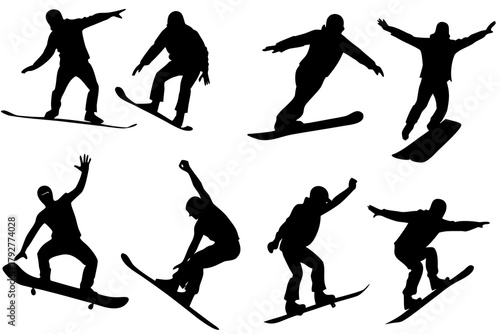 Snowboarder action silhouette isolated on white background
