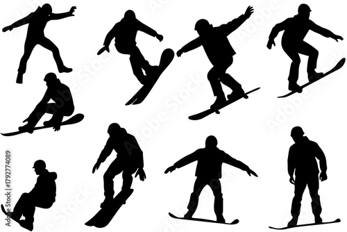 Snowboarder action silhouette bundle illustration isolated on white background