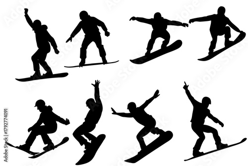 Snowboarder action silhouette vector set