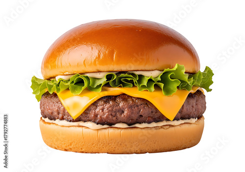 Delicious juicy cheeseburger with fresh lettuce and a brioche bun isolated on transparent background