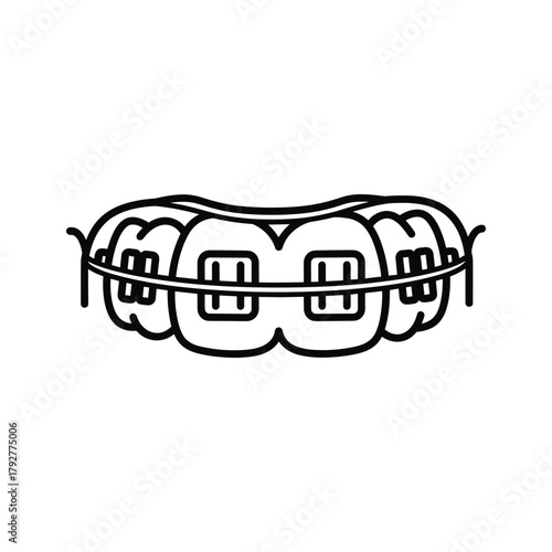 Closeup line art icon of dental braces on teeth