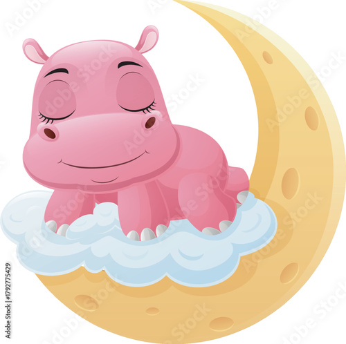 Cute hippo cartoon sleeping on the moon