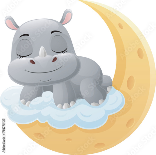 Cute rhino cartoon sleeping on the moon
