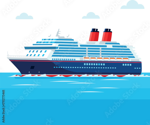Cruise ship sailing on blue ocean with clouds and sky
