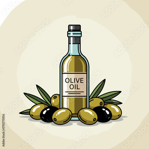 Olive oil bottle with olives and leaves