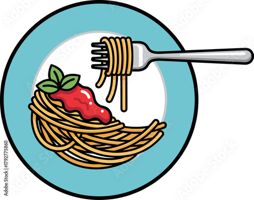 Spaghetti with tomato sauce and basil on a fork and plate