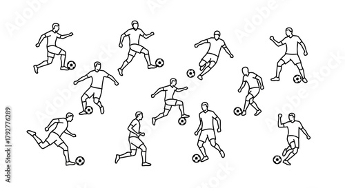 Soccer Players Kicking Football Field Silhouettes Sport Illustration Line Art Design