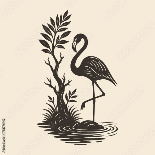 Detailed hand-drawn illustration of a flamingo by a lake in vintage engraving style. Great for nature prints, logos, and wildlife art.