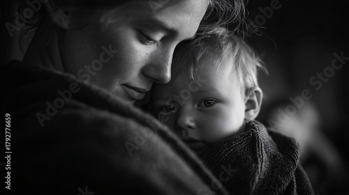 Tender Black and White Portrait of Mother and Baby