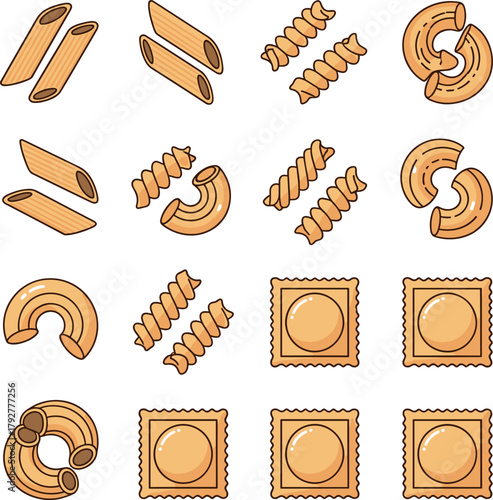 Variety of pasta shapes, cartoon style, isolated on white.