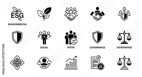 ESG Environmental Social Governance Icons Set Black and White Vector Illustration