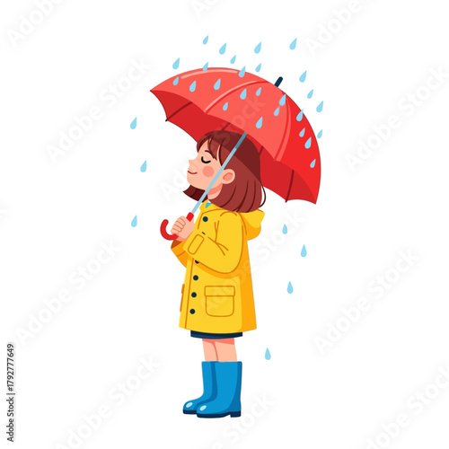 Cute Cartoon Girl in Yellow Raincoat with Red Umbrella Enjoying Rainy Weather Illustration