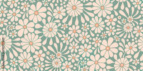 Retro daisy flower pattern seamless background in soft peach and teal colors