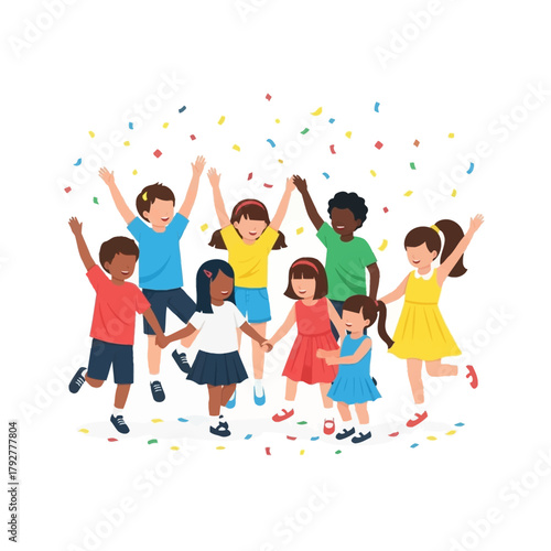 Happy Multicultural Children Celebrating with Confetti Illustration