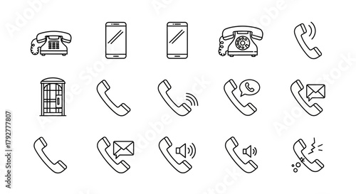 Collection of Telephone Communication Icons Smartphones Landline Phones and Voicemail