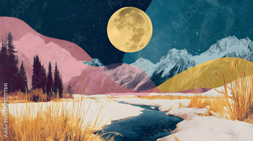 Abstract landscape illustration with mountains, river, and a large moon in a colorful night sky