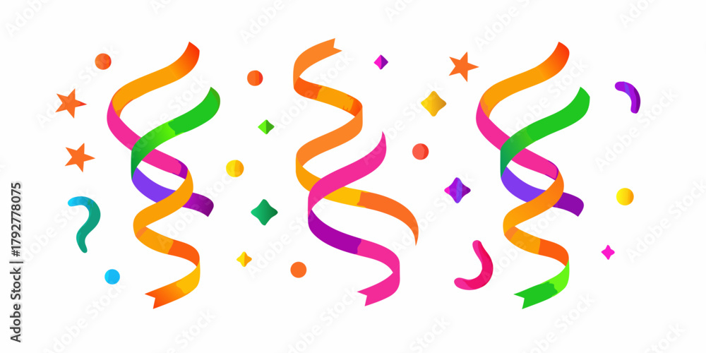 Obraz premium Colorful party streamers and confetti with stars and dots on white background