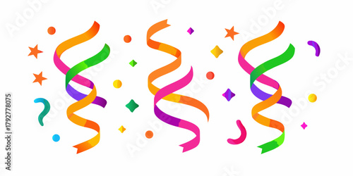 Colorful party streamers and confetti with stars and dots on white background