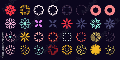 Collection of diverse abstract floral shapes and geometric patterns in various colors against a dark background