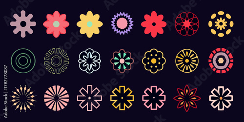 Collection of diverse abstract floral and geometric shapes in various colors on a dark background