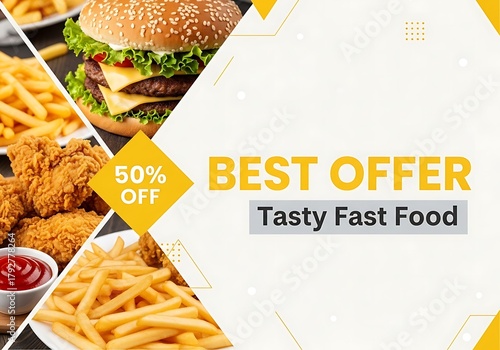 Best offer tasty fast food banner design template with 50% discount
