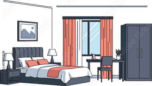 Cozy Bedroom Interior with Desk and Wardrobe