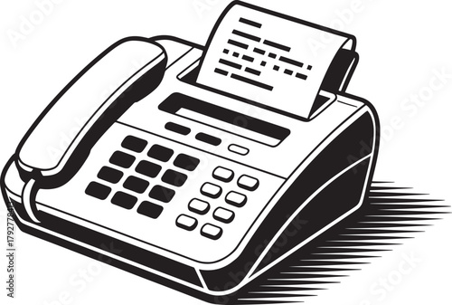 Black and white fax machine illustration for business communication equipment