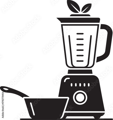 Black silhouette of blender and saucepan preparing healthy meals concept