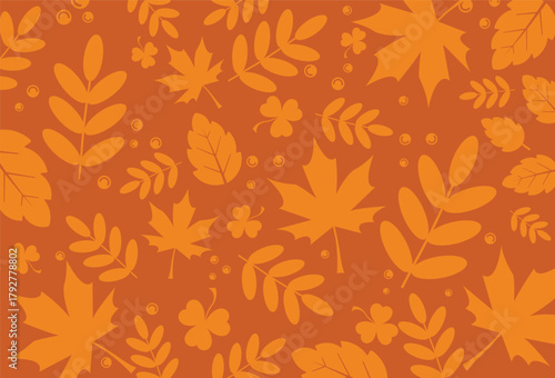 Seamless autumnal background pattern featuring various stylized leaves, including maple, branches, and clover, in shades of orange and dark orange. Ideal vector design for Thanksgiving, fall holidays,