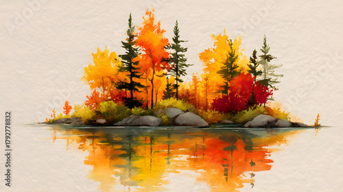 Vibrant watercolor illustration of autumn landscape with colorful trees and serene water reflection