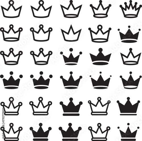 Collection of various black crown icons in pattern for graphic design