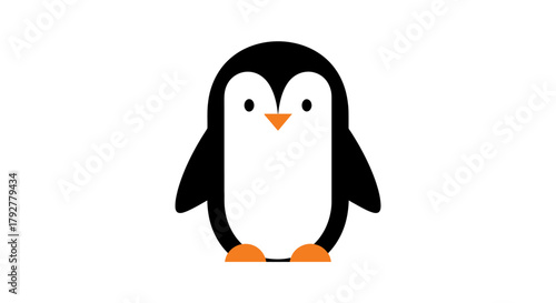 A cute and simple cartoon illustration of a black and white penguin with an orange beak and feet standing on a plain white background.