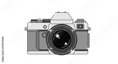 Illustration of a vintage film camera with a lens and various buttons and dials, rendered in grayscale.