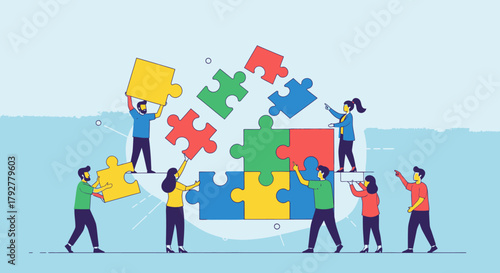 A diverse group of people collaborating to assemble a colorful jigsaw puzzle, symbolizing teamwork and problem-solving.