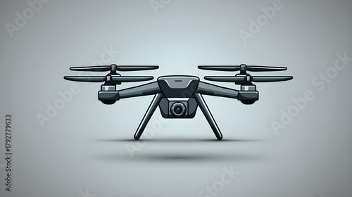 Black drone with four propellers and camera, showcasing modern technology and design features