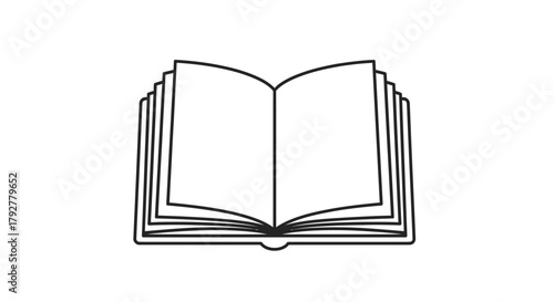 An open book with multiple pages fanned out, depicted in a simple black and white line drawing.