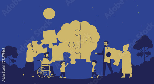 Diverse group of people assembling a large jigsaw puzzle shaped like a human brain under a night sky.