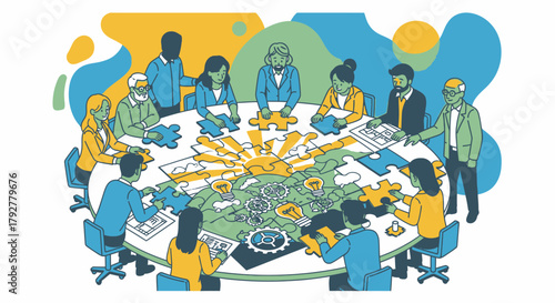Diverse group of people collaborating around a large round table, assembling a complex puzzle representing global challenges and solutions.