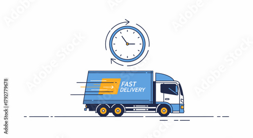 A blue delivery truck with the words 'Fast Delivery' and a clock indicating speed and efficiency.